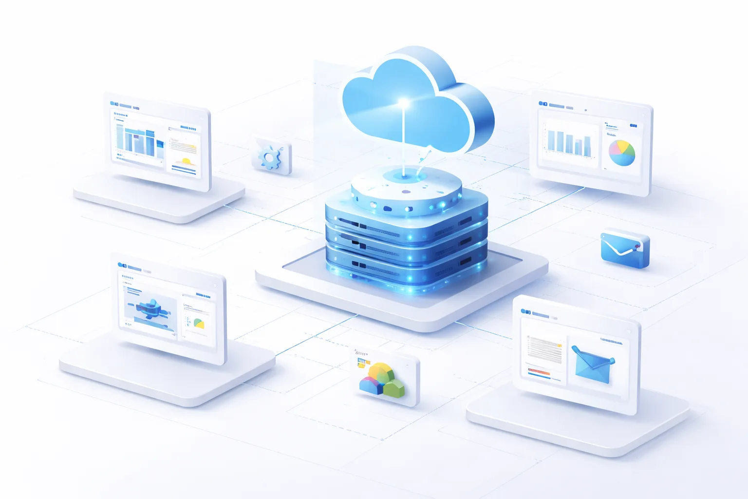 Blueprint-style CRM systems architecture illustration