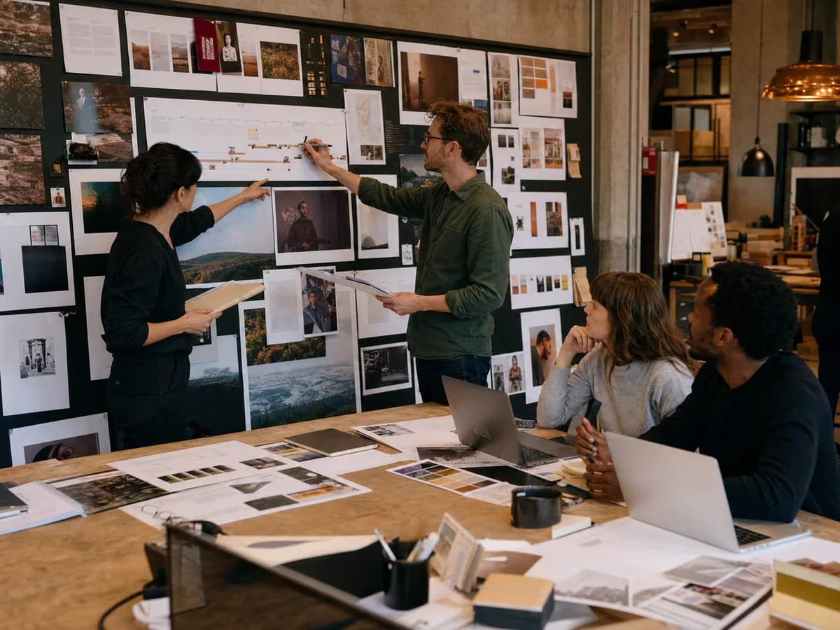 Creative agency team planning a client delivery handoff at a project wall