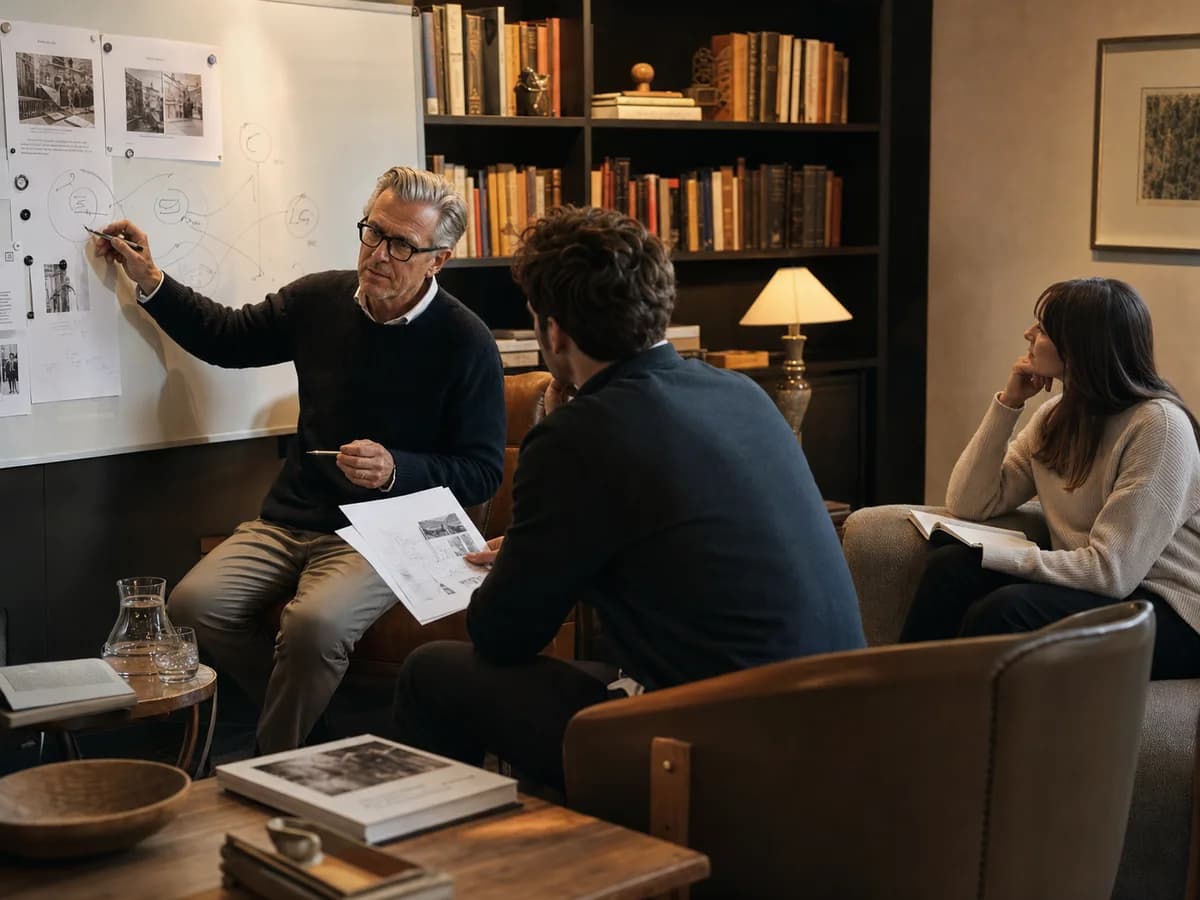 Independent consultant mapping client relationships and follow-up on a whiteboard