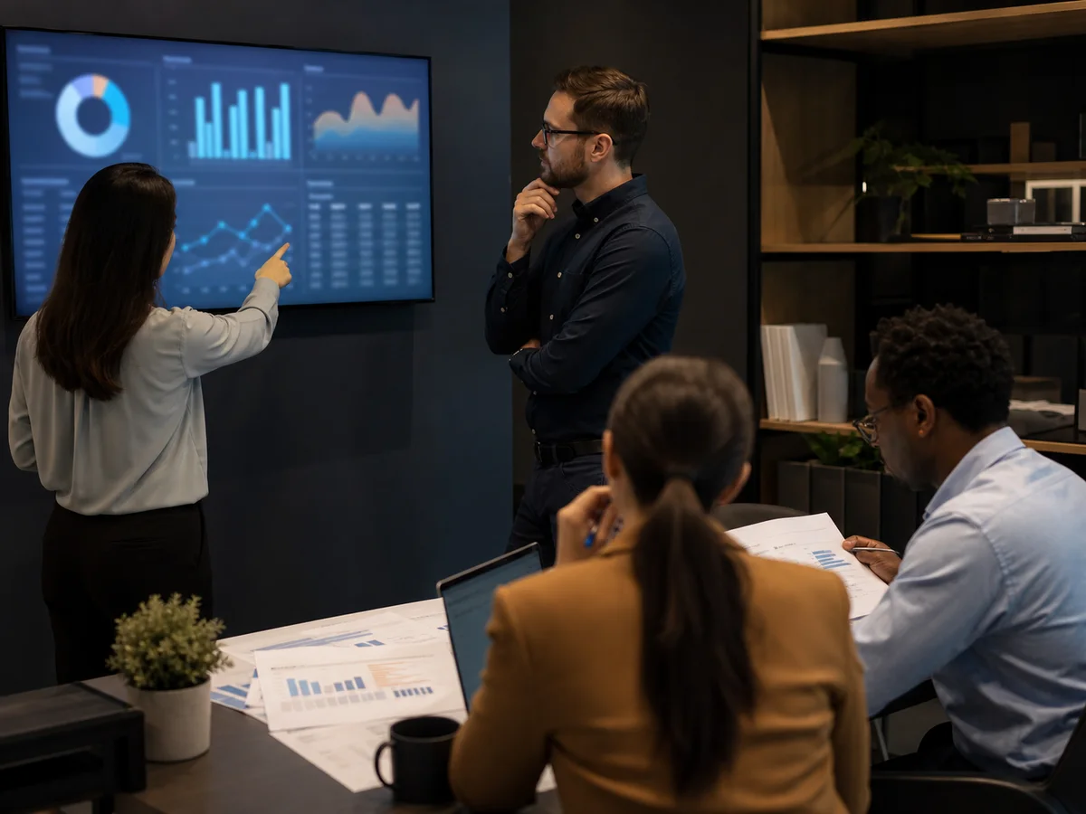 Revenue operations team reviewing forecast charts in an analytics room