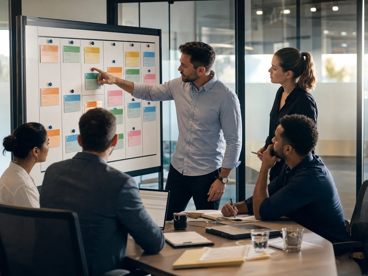 Sales team reviewing pipeline stages on a physical board in a glass-walled meeting room