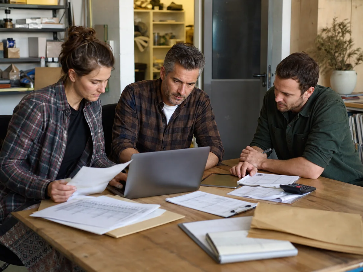 Small business owner and colleagues comparing CRM options in a practical workshop